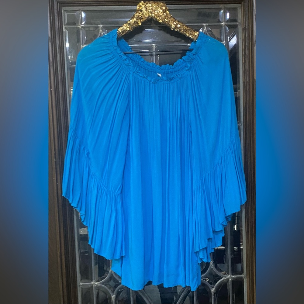 Elan Blue Off Shoulder Bell Sleeve Top One Size Rayon Flowy Blouse